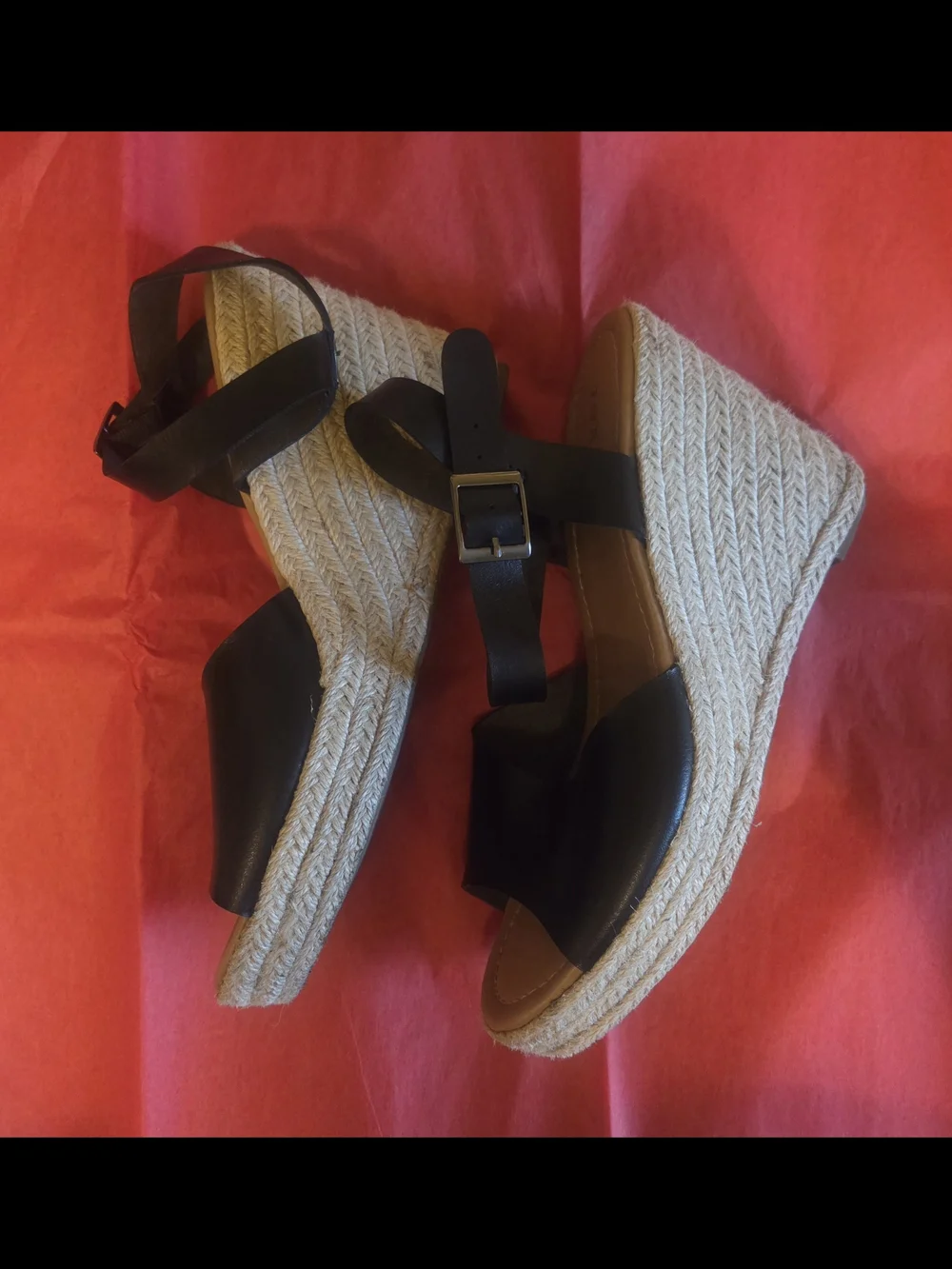 Black Wedge Sandal with Espadrille Jute Trim - Size 8.5